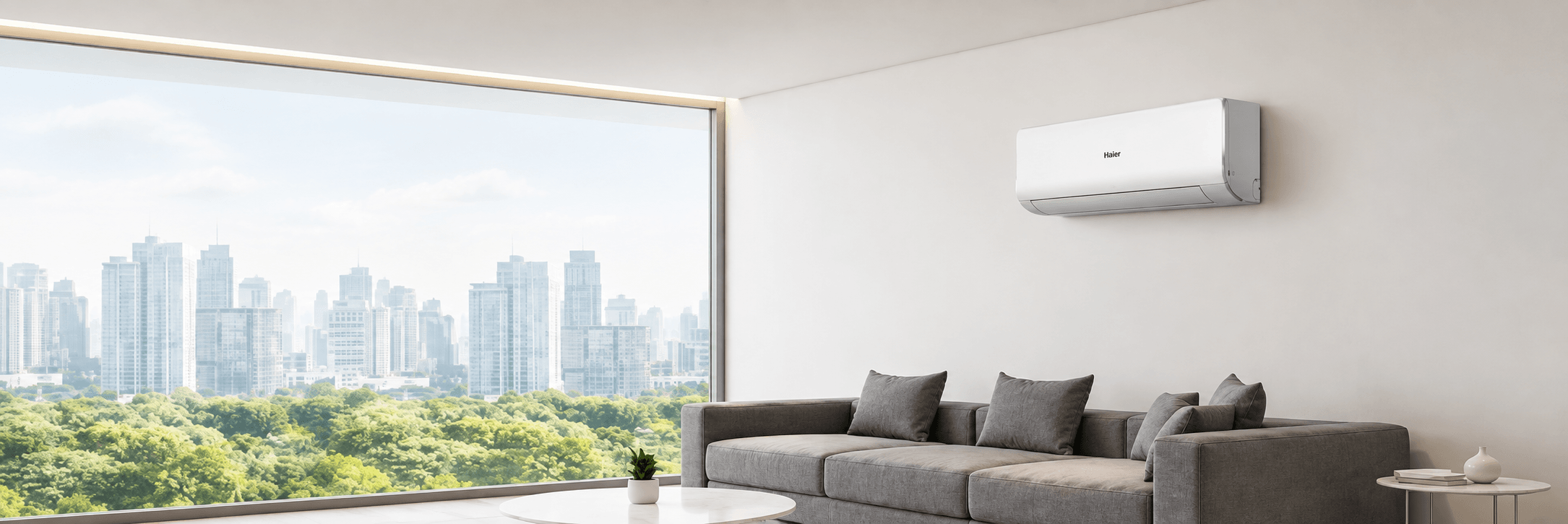 A Haier wall-mounted air conditioner in a bright modern interior