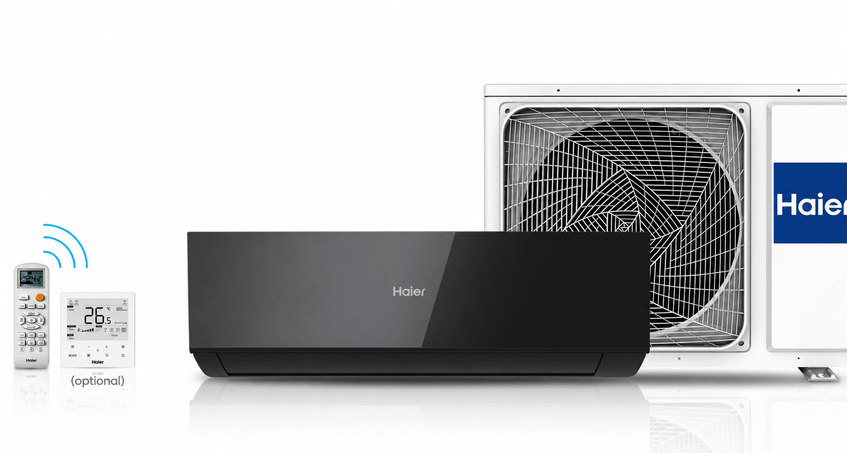 Haier Aeropure Inverter – black-glass wall-mounted indoor unit, outdoor condenser and remote controllers