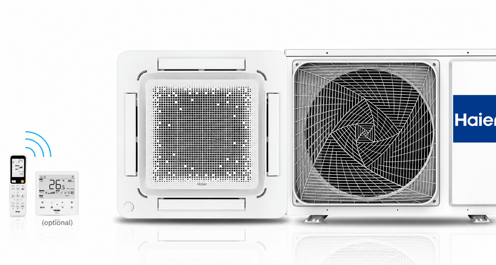 Haier Cassette – full-size ceiling-recessed indoor unit with remote and outdoor condenser