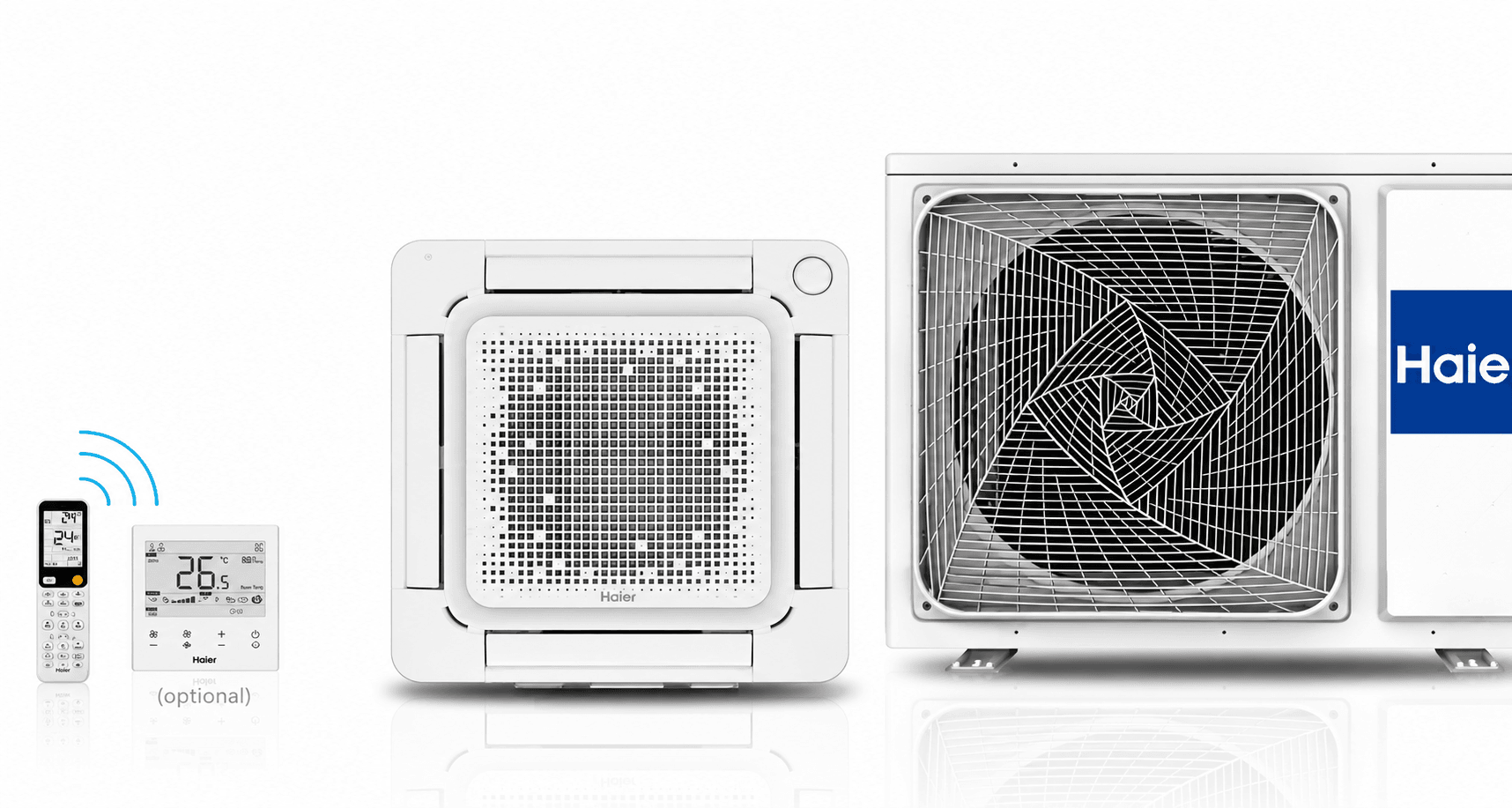 Haier Mini Cassette – compact ceiling-recessed indoor unit with remote and outdoor condenser