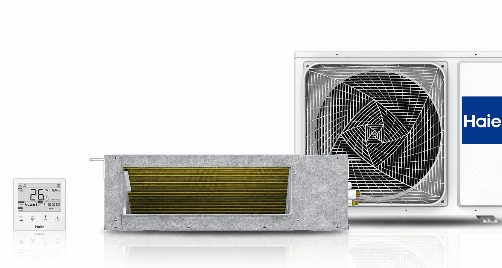 Haier MSP medium-static ducted indoor unit with wired controller and outdoor condenser
