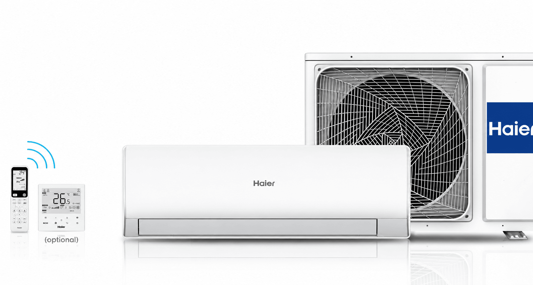 Haier AI ECO Inverter – white wall-mounted indoor unit with outdoor condenser unit