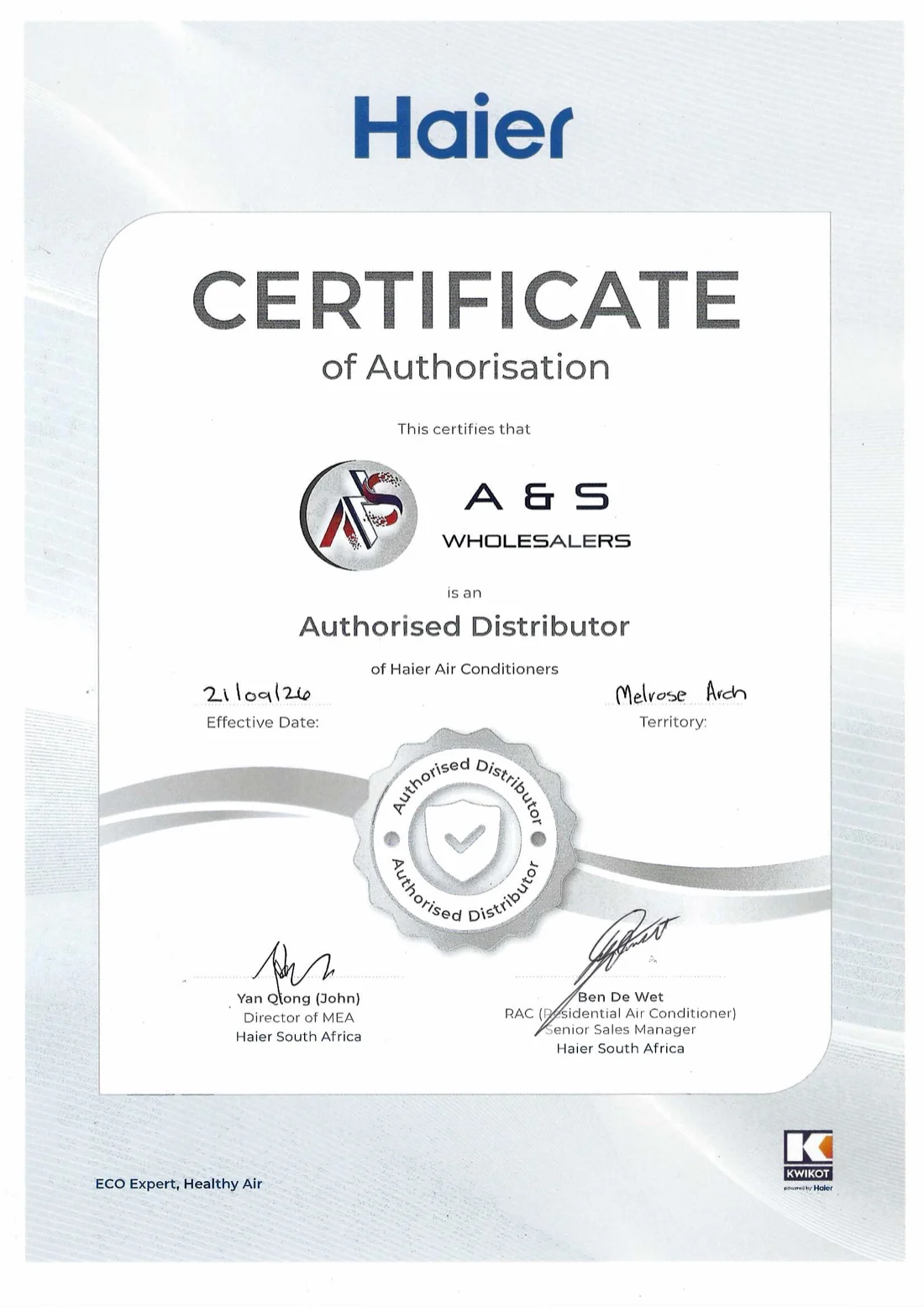 Haier Certificate of Authorisation naming A&S Wholesalers an Authorised Distributor of Haier Air Conditioners, signed by Haier South Africa