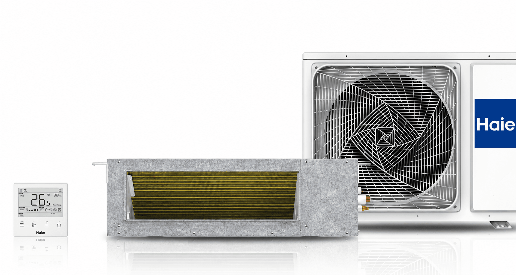 Haier MSP medium-static ducted indoor unit with wired controller and outdoor condenser